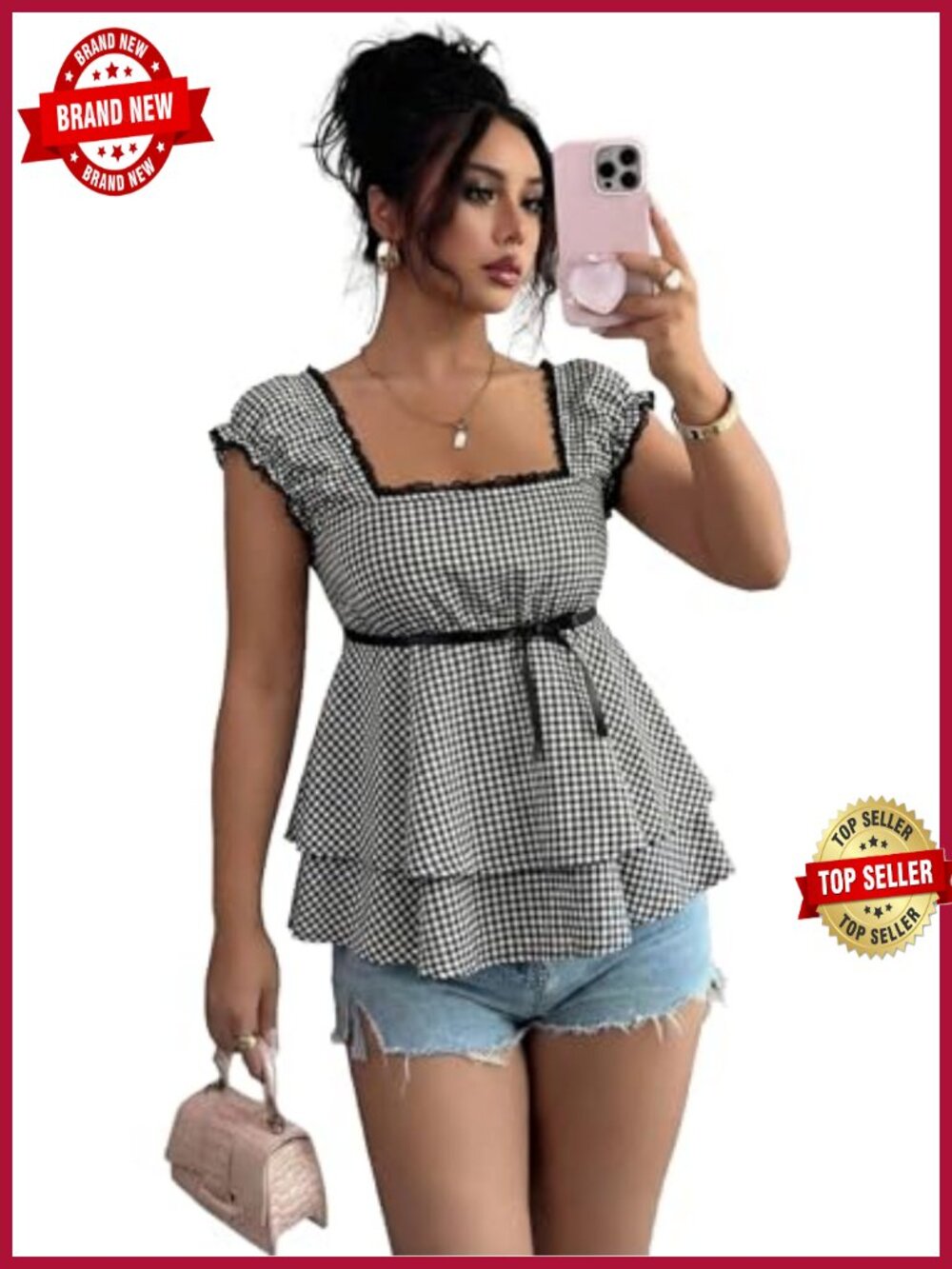 Gingham Flounce Sleeve Peplum Top Coquette Aesthetic Top Y2K Baby Doll Blouse